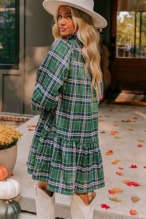 Plaid Frilled Collar Notched V Neck Tiered Long Sleeve Mini Dress